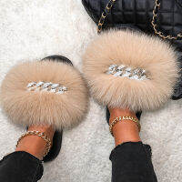 Real Fox Sandals Furry Fur Slippers Fluffy Diamond Chain Flip Flops Fur Slides For Women Ladies House Slippers Beach Designer