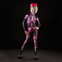 Adult Kids Halloween Skeleton Cosplay Jumpsuit Pink Rose Woman Sexy Skull Scary Costume Girls 3D Print Bodysuit Mother Daughter