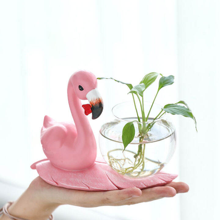 strongwell-home-decoration-crafts-modern-flamingo-ornament-with-glass-hydroponics-resin-flower-vase-green-plants-container