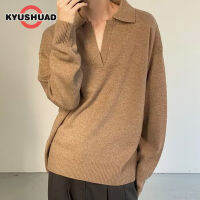 KYUSHUAD เสื้อสเวตเตอร์คอโปโลแบบสวมหัวสีเทาของผู้ชาย,เสื้อสเวตเตอร์หลวมและอเนกประสงค์สีทึบสไตล์ขี้เกียจ