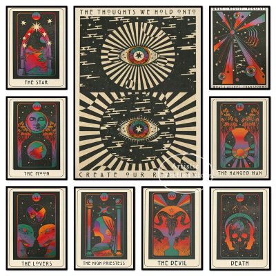 Nordic Vintage Psychedelic Meditation Tarot การ์ดโปสเตอร์พร้อมคำคมสร้างแรงบันดาลใจสำหรับตกแต่งห้องนั่งเล่น