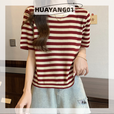 HUAYANG01 [2023แฟชั่นสุดฮอต] เสื้อยืดถักลายทางแขนสั้นย้อนยุคฤดูร้อนเสื้อผู้หญิงคอกลมเสื้อแบบหลวมลำลอง