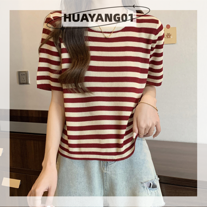 huayang01-2023แฟชั่นสุดฮอต-เสื้อยืดถักลายทางแขนสั้นย้อนยุคฤดูร้อนเสื้อผู้หญิงคอกลมเสื้อแบบหลวมลำลอง