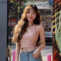 JIAOQI เสื้อชั้นในสายเดี่ยวถักลายสก๊อตวินเทจของผู้หญิงเสื้อกล้ามเข้ารูปแขนกุดเซ็กซี่ฤดูร้อน