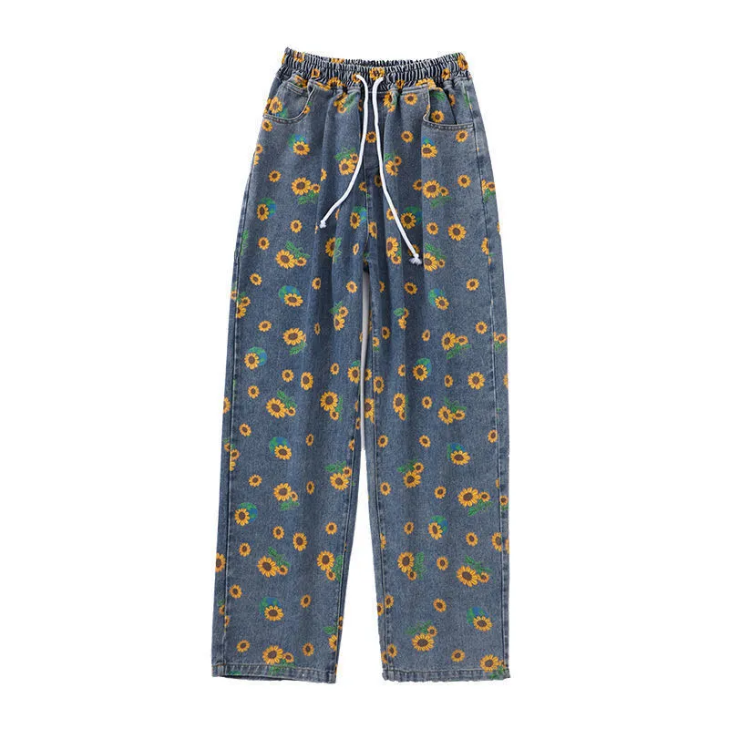Blue Sunflower Printed Plus Size Denim Baggy Pants Men With Wide