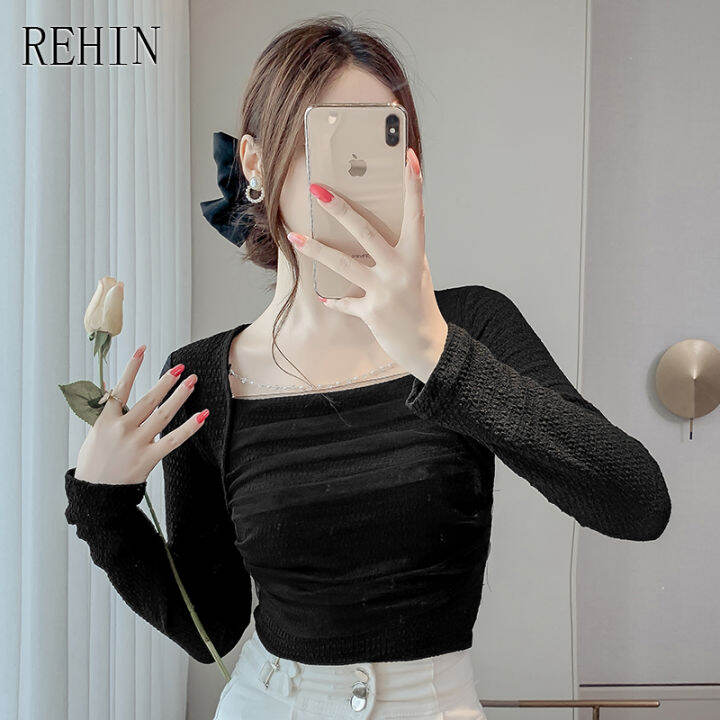 rehin-ของผู้หญิงฤดูใบไม้ร่วงใหม่ตาข่ายเย็บปะติดปะต่อกันสแควร์คอเสื้อแขนยาวด้วยเพชรแต่งแนวโน้มเสื้อ