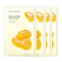 Nature Republic REAL NATURE ROYAL JELLY MASK SHEET 23mlX4 แผ่นมาส์คหน้าใสชุ่มชื่นตึงกระชับจากเกาหลีของแท้สูตรน้ำผึ้งป่าเข้มข้น(แพ็ค4แผ่น)