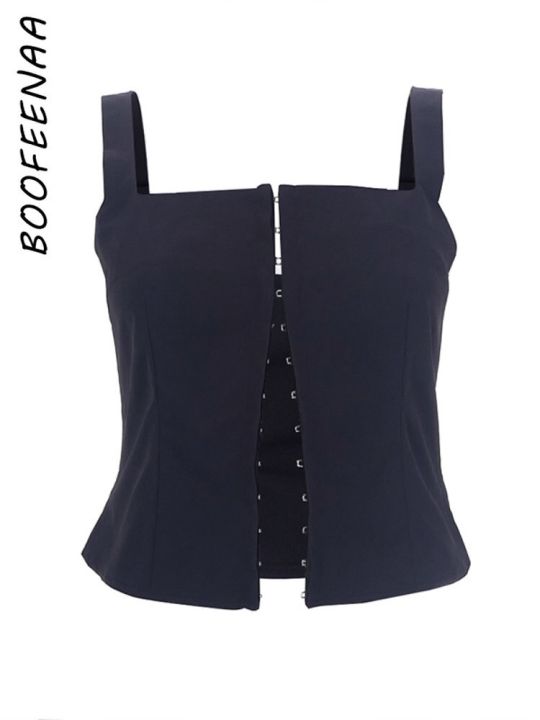 boofeenaa-เสื้อสำหรับผู้หญิงคอเหลี่ยมเปิดหลังพอดีตัวเสื้อกล้ามครอปสีดำสีขาวฤดูร้อนเสื้อผ้าสตรี2023-c85-cg10