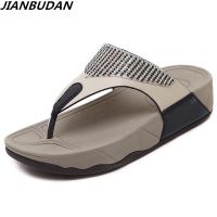 JIANBUDAN Womens Flat Bottom wedge Summer Beach Shoes Non-slip Comfortable flip flop diamond trim flat slippers Size 35-41