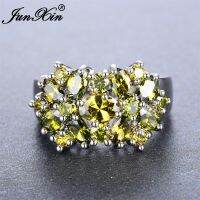 {BUSA Fashion Accessories} JUNXIN แฟชั่นหญิง Peridot ดอกไม้เพทายแหวนหรูหราทองคำขาวที่เต็มไปด้วยคริสตัลเครื่องประดับวินเทจแหวนแต่งงานสำหรับผู้หญิง