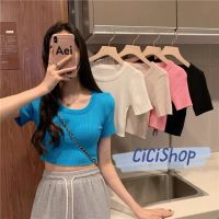 Cici(9317-1)เสื้อครอปคอกลมไหมพรมผ้าร่อง สีสันสดใส สไตล์มินิมอล