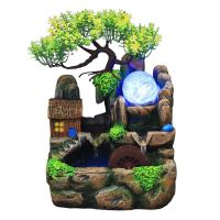 Led Lights Resin Rockery Flowing Water Fountain Lucky Feng Shui Wheel Office Desktop Ornaments With Nebulizer Home Decoration
