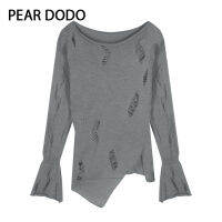 PEAR DODO เสื้อยืดแขนยาวถักกลวงคอกลมเกาหลีสำหรับผู้หญิง