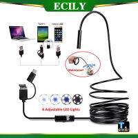 ECILY 3 In 1กล้องเครื่องส่องตรวจ USB ลวดแข็งกล้องวิดีโอขนาดเล็ก IP67กันน้ำบอร์สโคป6 LED กล้องตรวจความสะอาดฟันพอร์ตคอมพิวเตอร์แบบมินิแอนดรอยด์7มม. 1/2/3.5/5/5เมตร