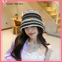 LUCKY HAIRACC ลายทางสีรุ้ง หมวกชาวประมงหมวก ป้องกันรังสียูวี ชายคาใหญ่ หมวกฟางทรงถัง แฟชั่นสำหรับผู้หญิง ระบายอากาศได้ระบายอากาศ หมวกบัคเก็ตโครเชต์ ฤดูร้อนฤดูร้อนฤดูร้อน