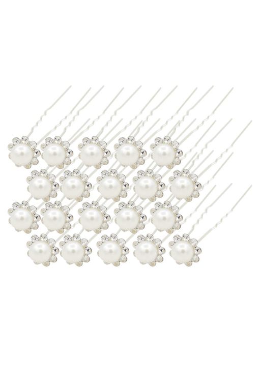 20 Pcs Wedding Bridal Pearl Flower Crystal Hairpin Hair Clips Bridesmaid (white)