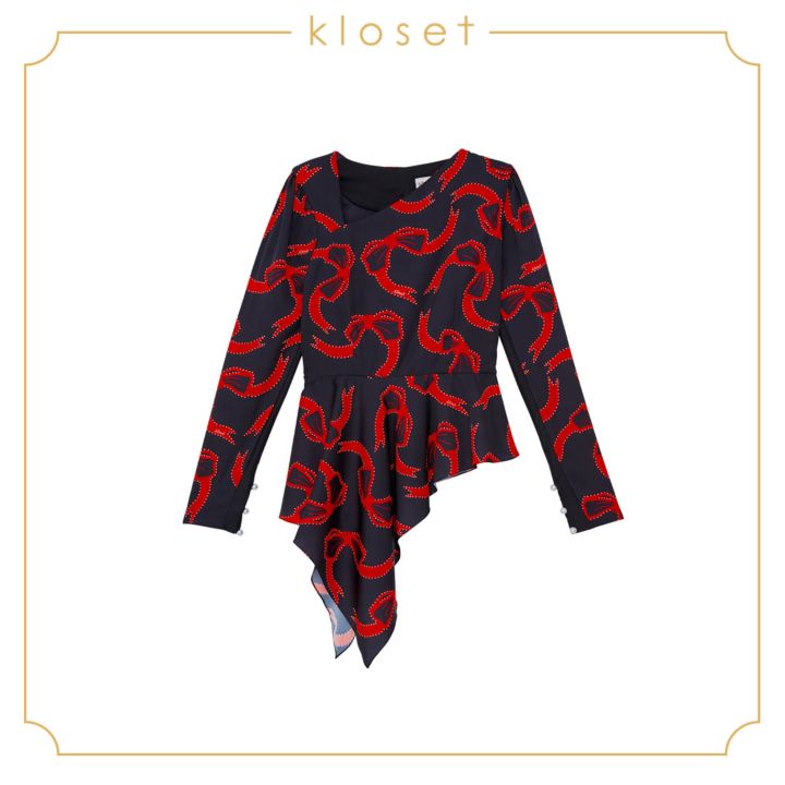 kloset-ribbon-bow-print-asymmetric-blouse-rs21-t012-เสื้อแฟชั่น-เสื้อผ้าพิมพ์-เสื้อแขนยาว-เสื้อผ้าแฟชั่น