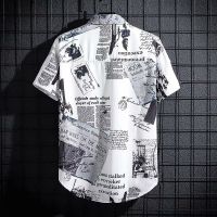 【M-5XL】Mens Short Sleeve Printed Shirt Fashion Short Sleeve Shirt Hong Kong Style Loose Shirt Cool Casual Newspaper Shirt Top Personalized Polo Shirt Tops