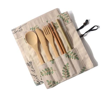 New Reusable Bamboo Cutlery Set Portable Tableware Wooden Cutlery Fork Spoon Knife Set with Cutlery Bag for Travel Utensil Set Flatware Sets
