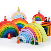 12ชิ้นเด็กวัยหัดเดิน Playset Montessori และ Waldorf แรงบันดาลใจสายรุ้งของเล่นไม้ที่มีสีสันสายรุ้งบล็อกสายรุ้ง Stacker ของเล่นสำหรับทารก