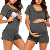 Womens Shorts Pajama Set Short Sleeve Sleepwear Nightwear Breastfeeding Maternity Clothes Adjustable Size Pregnancy Shorts