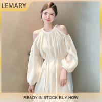 Lemary เดรสยาวเปิดไหล่สำหรับผู้หญิง,เดแขนยาวสง่างามแบบลำลองทรงเอไลน์สีพื้น2023