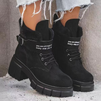 Winter Boots Women Warm Thick Heel Plush Anti Slip Fashion Lady Snow Boots Plus Size Platform Buckle Lace-Up Female Footwear