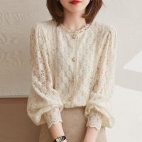 2021 Fashion Tops Lace Elegant White Shirt Womens Shirts Long Sleeve Sheer Blouse Crop Collared Designer Velvet Top Korean Pink