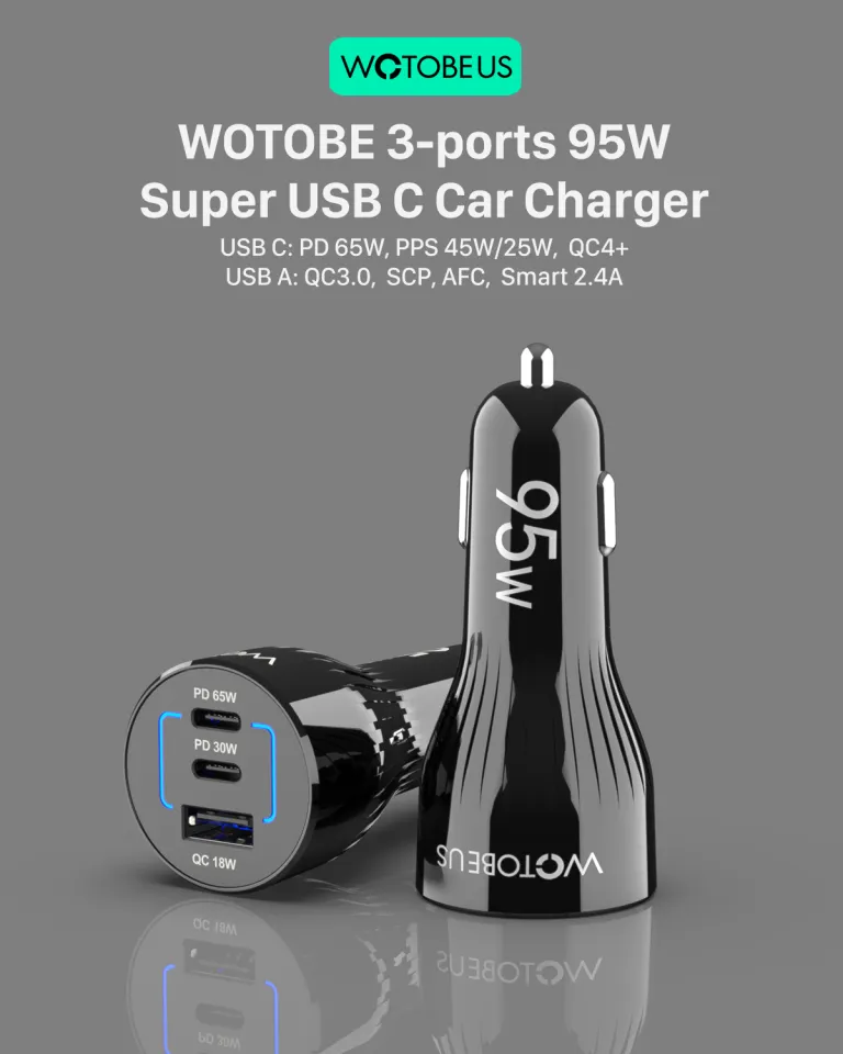 Wotobeus Usb C Car Charger, Wotobeus Pps Pd Qc3.0 Super Fast Car Phone  Laptop Cellular Phones Charger Adapter Type C Quick Charge (Black, 95W, 65W  30W, 18W) : : Electronics