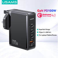 USAMS 100W GaN Fast USB-C Charger UK 3 Pin 4-Port Fast Charge 3 Type-C + ที่ชาร์จ USB-A