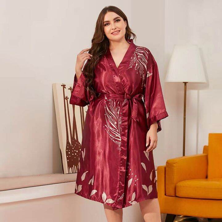 Plus Size Silk Satin Sleep Robe Women Pajamas Bath Robe Sleepwear Elegant Nightwear Underwear