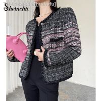 ♛▫ sdeifhruhvfu coreano Roupas Moda Elegante O-pescoço Curto Tweed Jacket para As Mulheres 2023 de Luxo Outono Inverno Lã Jaqueta Feminina