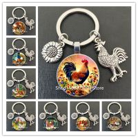 【CW】■  New handmade rooster picture round glass keychain animal zodiac chicken pendant men and women car bag key ring gift