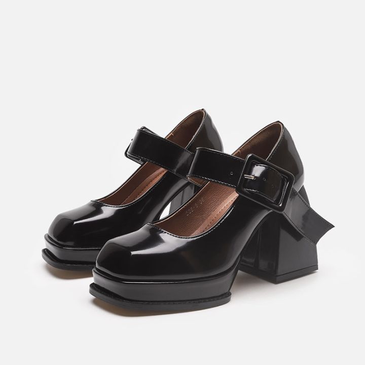 ส่งเร็วพิเศษnewgreentrees-สไตล์ฝรั่งเศส-mary-jane-รองเท้าส้นสูงสตรีสั้นฤดูใบไม้ผลิ-retro-square-toe-รองเท้าผู้หญิงแพลตฟอร์มกันน้ำส้นหนารองเท้า