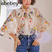 2021French Retro Embroidery Flower Shirt Female Design Lace Up Bow Puff Long Sleeve Blusas Holiday Beach Loose Blouse 47262