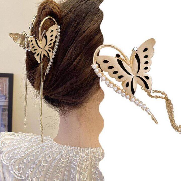 new-pearl-hair-clip-butterfly-grab-clip-large-elegant-ladies-tassel-metal-hair-clip