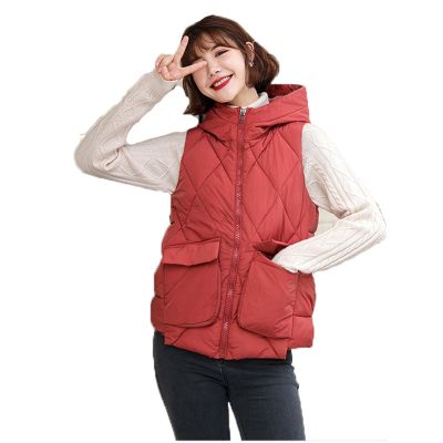 ZZOOI 2021 New Vest Down Cotton Coat Women Autumn Winter Thick Warm Top Korean White Red Black Hooded Cotton  Vest Coat N984