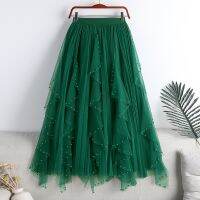 【CC】 Tulle Pleated Skirts for 2023 Irregular Beading A Waist Mesh Female