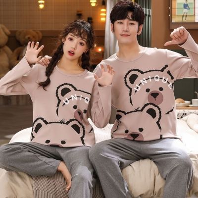 MUJI High quality 2 sets of price couple pajamas autumn long-sleeved cotton cute Korean cartoon couple men and women home clothes set winter