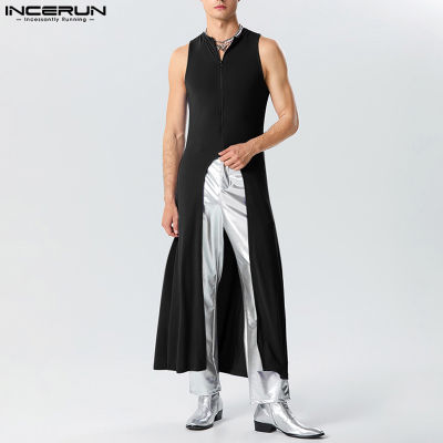 INCERUN เสื้อถักแขนกุดผู้ชาย,เสื้อกั๊กด้านหลังยาวด้านหน้าสั้นธรรมดาเสื้อเรียบง่ายซิปเสื้อลำลอง (สไตล์ตะวันตก)