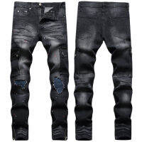 European And American Mens Knee Ripped Jeans Stretch High Street Fashionable Paint Pants Slim-Fitting Biker Pleated Skinny Trousers