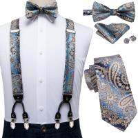 Hi-Tie 100 Silk Adult Mens Suspender Set Leather 6 Clips Braces Vintage Fashion Gold Floral Wedding Suspenders and Bowtie Set