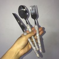 3 Piece Set Cutlery Rhinestones Knife Fork and Spoon Set 304 Stainless Steel Eco Friendly Travel Flatware Set Bling Dinnerware Flatware Sets