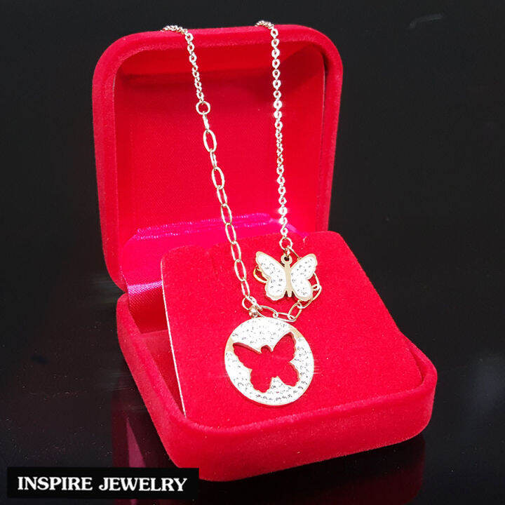 inspire-jewelry-ชุดเซ็ท-สร้อยรูปผีเสื้อ-design-ตัวเรือนสร้อย-pink-gold-ขนาด-16-18-นิ้ว-ปรับขนาดได้