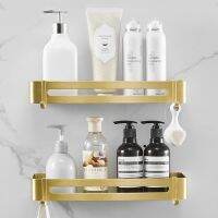 Aluminum Bathroom Shelf With Hooks Rectangle Kitchen Bathroom Shower Gel Soap Shampoo Brushed Gold Storage Organizer Rack Holder