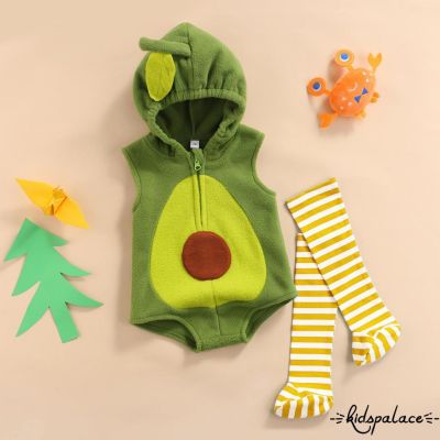 【Candy style】 ชุดรอมเปอร์แขนกุดลําลอง รูปอะโวคาโด สีเขียว และถุงน่อง สําหรับเด็กทารก