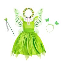 ZZOOI Halloween Cosplay Princess Baby Girls Party Green Flower Fairy Tinker Bell Dress Elf Costume with Butterfly Wings Sets 2-10Y