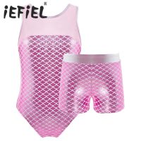 Kids Girls Sequins Ballet Dance Sets Children Gymnastics Workout Sportswear Dance Performance Fish Scales Leotard and Shorts