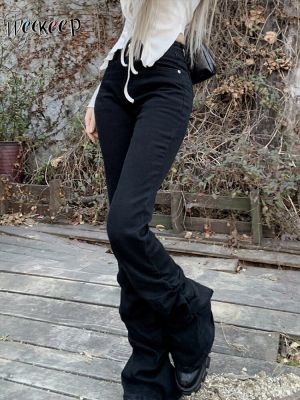 Weekeep กางเกงแบบซ้อนกันสไตล์โกธิคเอวสูงผอมสีดำแบบพับได้ Celana Jeans Denim สไตล์พังก์กางเกงลำลองกางเกงผู้หญิง