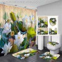 【CW】✷  lotus Print Shower Curtain Chinese style Curtains Decoration Non-Slip Rugs Set